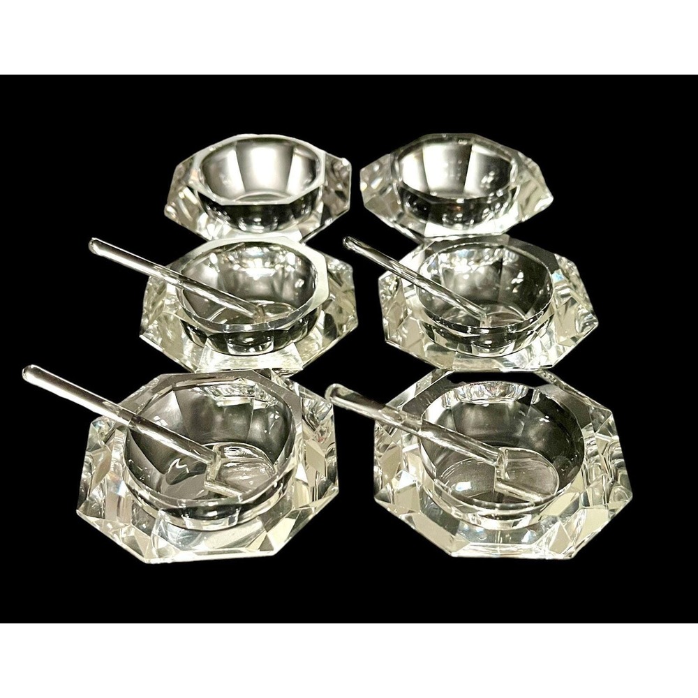 Set‎ of 6 Vintage Crystal Octagonal Open Salt Cellars with 4 Spoons Victorian